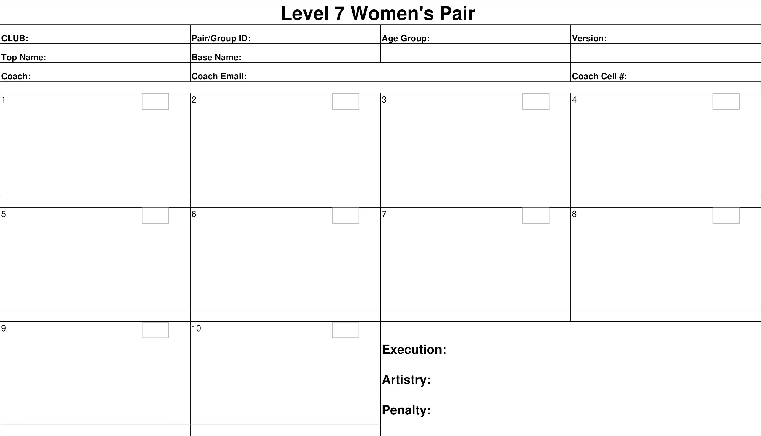 Blank Level 7 Women’s Pair Excel routine form